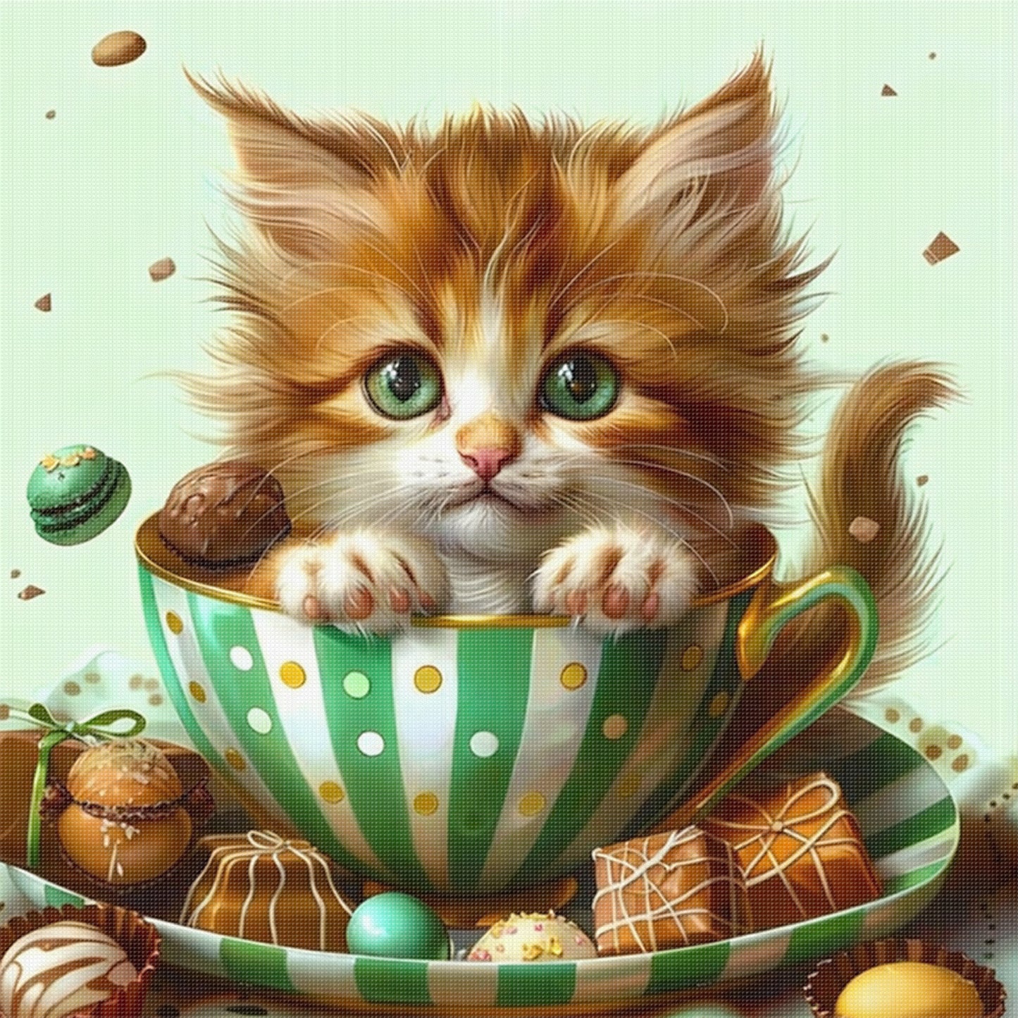 Teacup Cat - Full 18CT Stamped Cross Stitch 25x25CM - Huacan