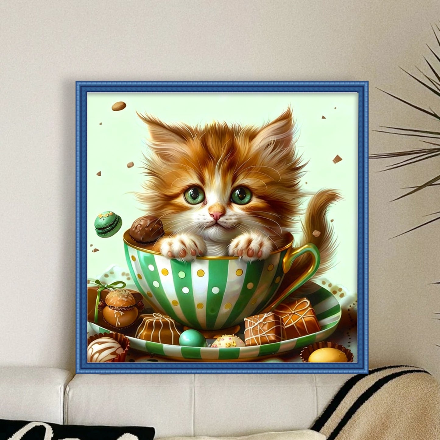 Teacup Cat - Full 18CT Stamped Cross Stitch 25x25CM - Huacan
