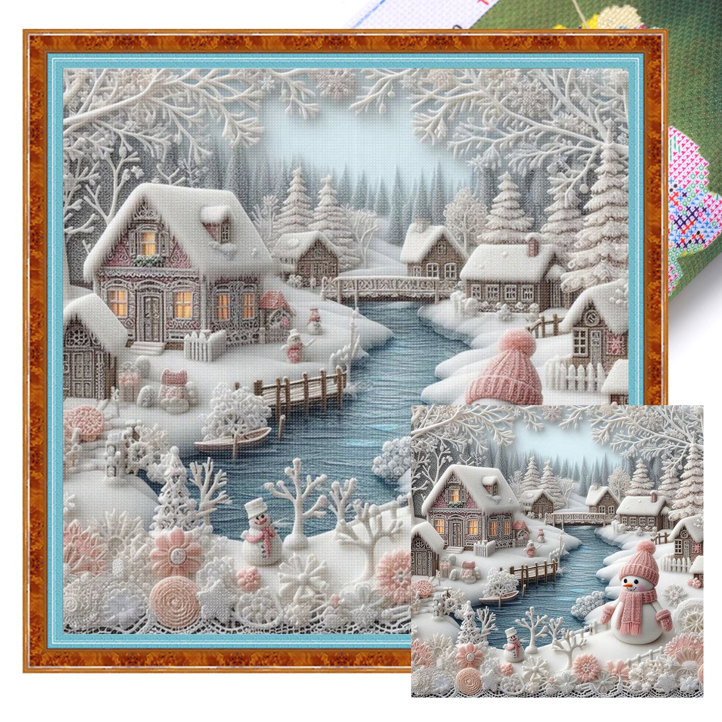 Winter Hut And Snowman - Full 14CT Stamped Cross Stitch 45x45CM - Huacan