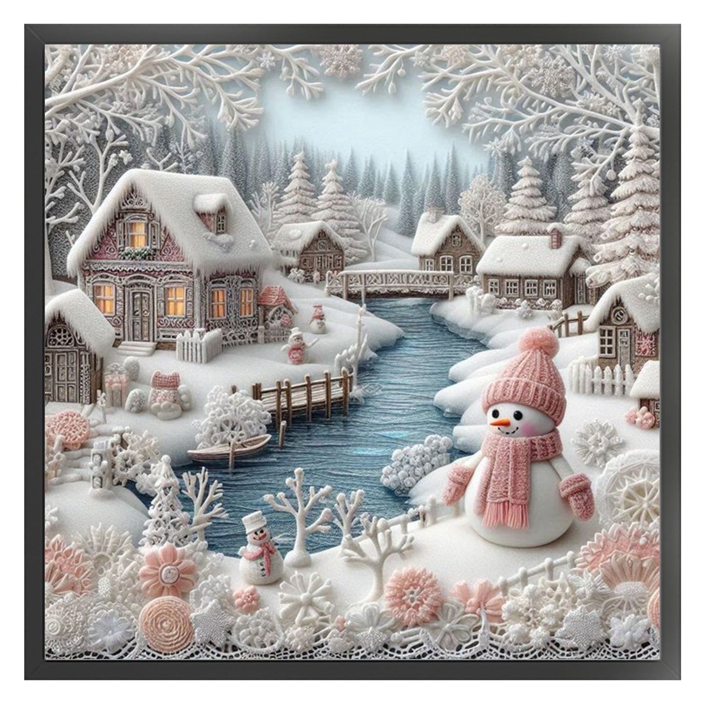 Winter Hut And Snowman - Full 14CT Stamped Cross Stitch 45x45CM - Huacan