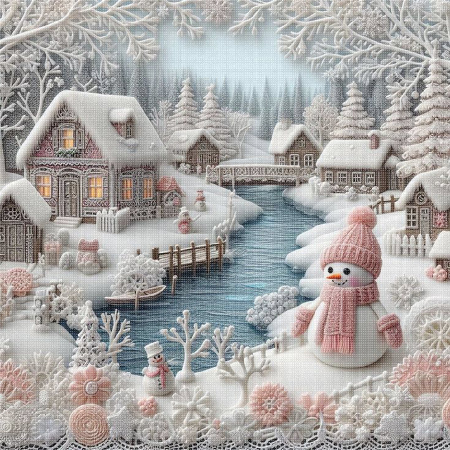 Winter Hut And Snowman - Full 14CT Stamped Cross Stitch 45x45CM - Huacan