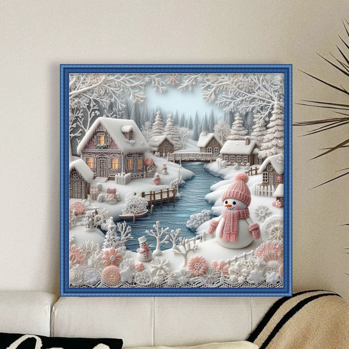 Winter Hut And Snowman - Full 14CT Stamped Cross Stitch 45x45CM - Huacan