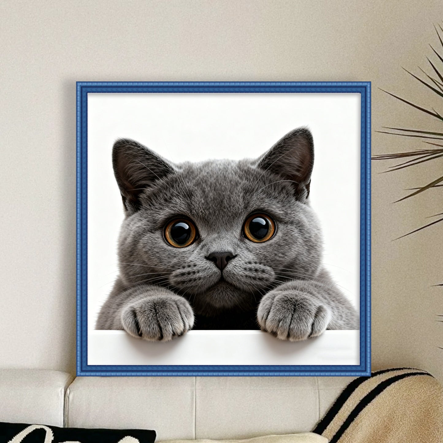 Blue Cat - Full 11CT Stamped Cross Stitch 40x40CM - Huacan