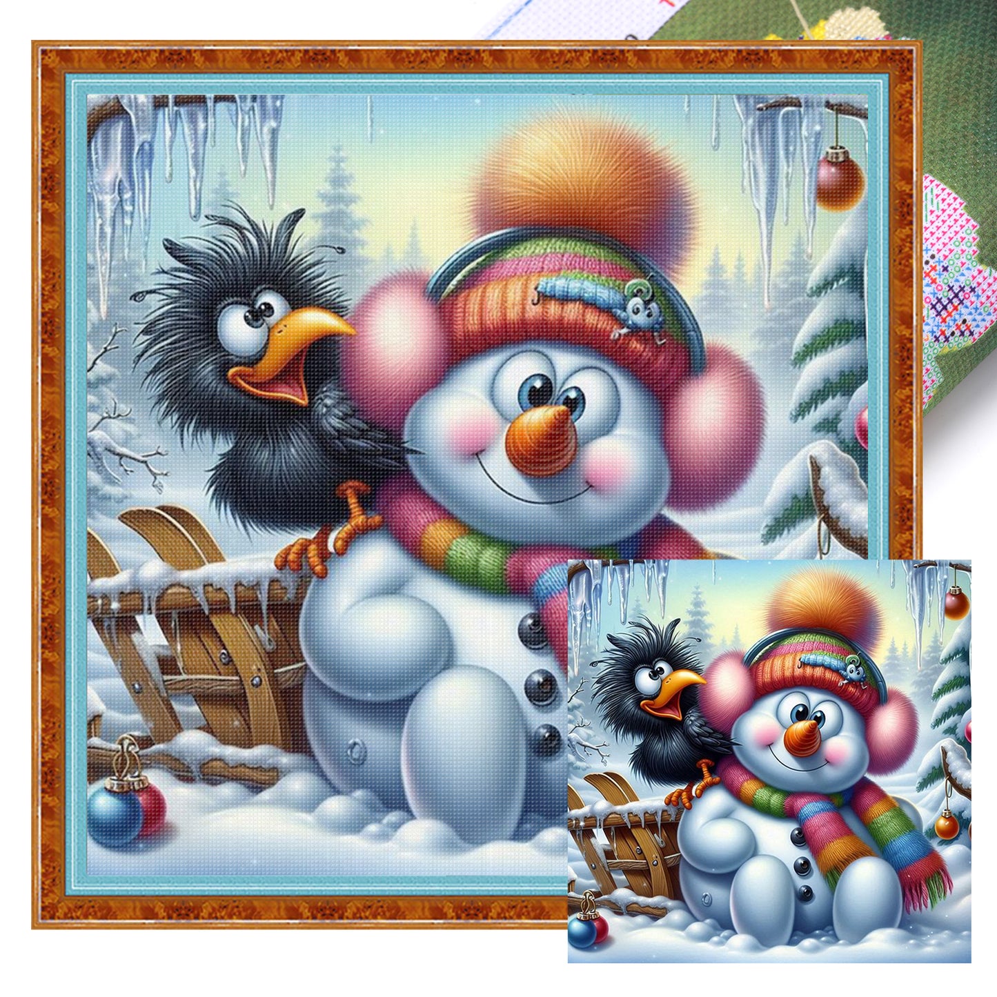 Snowman And Crow - Full 11CT Stamped Cross Stitch 40x40CM - Huacan