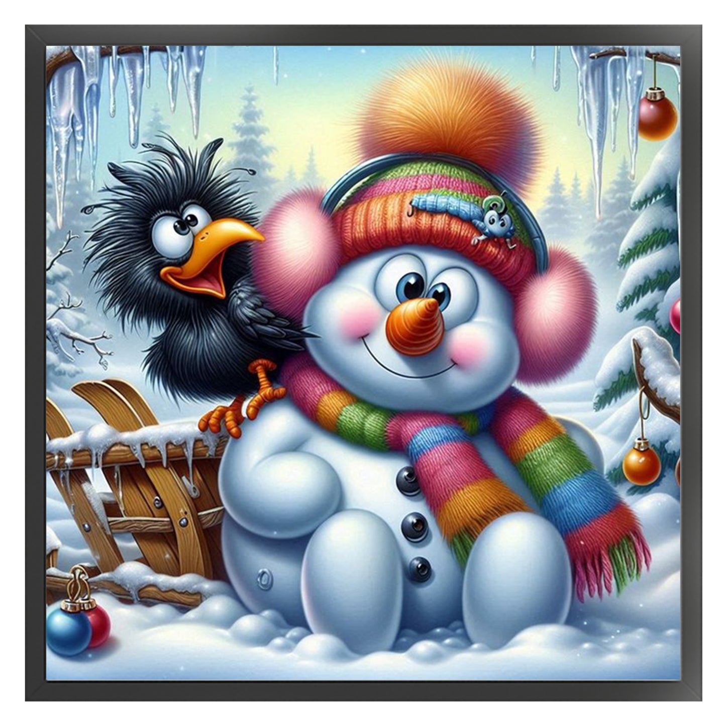 Snowman And Crow - Full 11CT Stamped Cross Stitch 40x40CM - Huacan