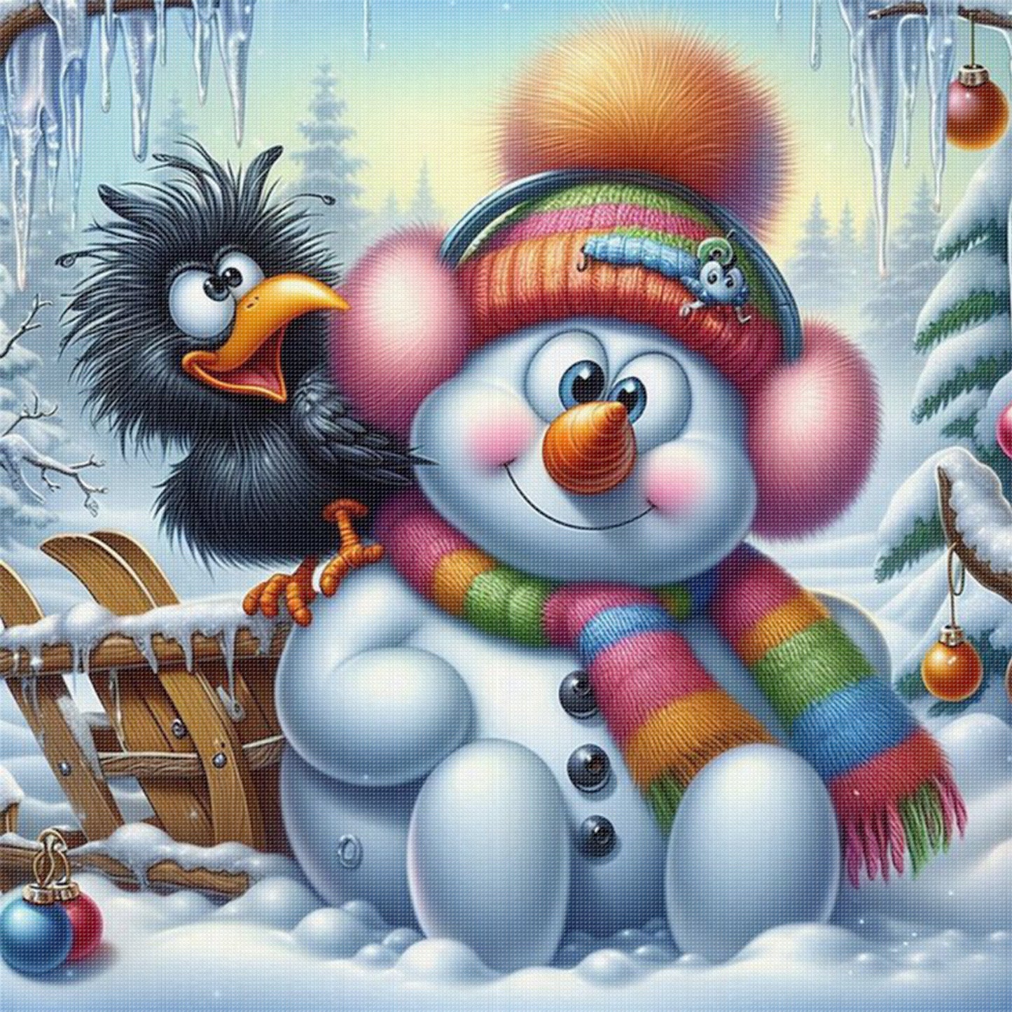 Snowman And Crow - Full 11CT Stamped Cross Stitch 40x40CM - Huacan