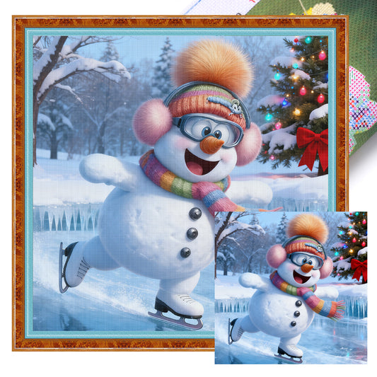 Skiing Snowman - Full 11CT Stamped Cross Stitch 40x40CM - Huacan