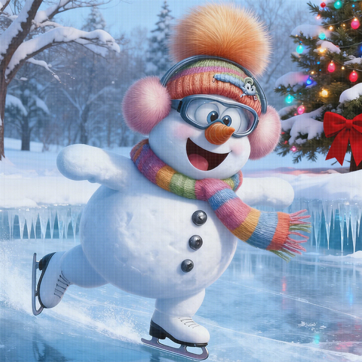 Skiing Snowman - Full 11CT Stamped Cross Stitch 40x40CM - Huacan