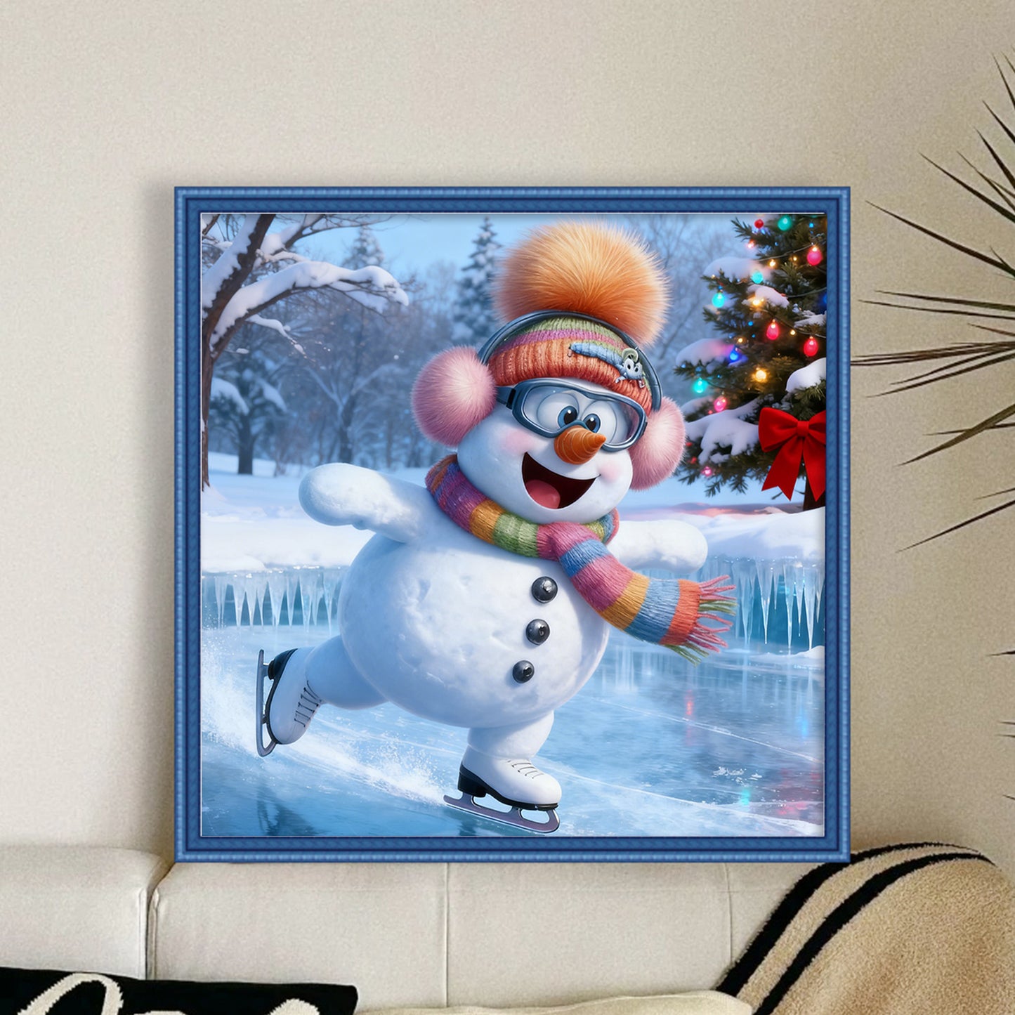 Skiing Snowman - Full 11CT Stamped Cross Stitch 40x40CM - Huacan
