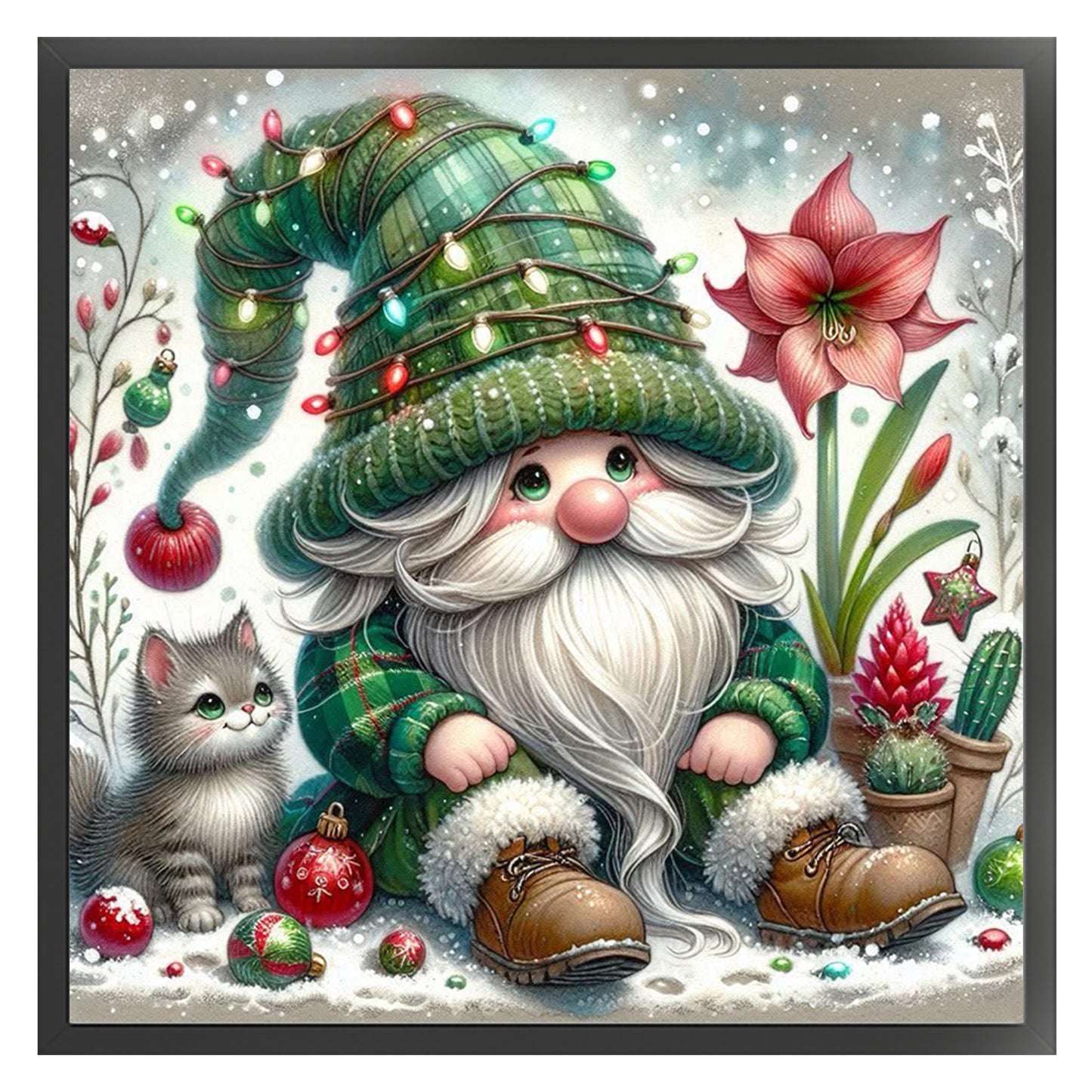Gnome And Cat - Full 11CT Stamped Cross Stitch 45x45CM - Huacan