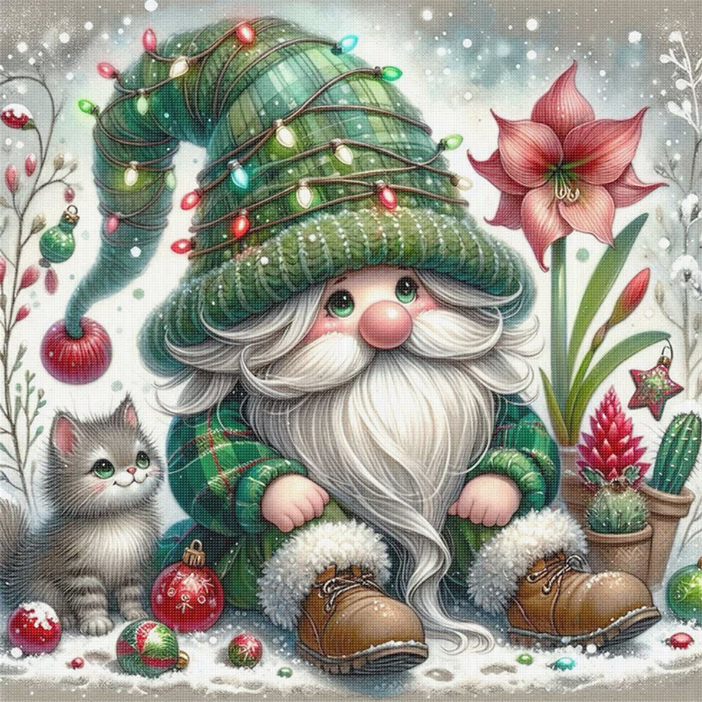 Gnome And Cat - Full 11CT Stamped Cross Stitch 45x45CM - Huacan