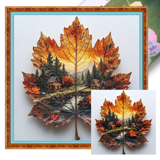 Maple Silhouette Forest Hut - Full 11CT Stamped Cross Stitch 45x45CM - Huacan