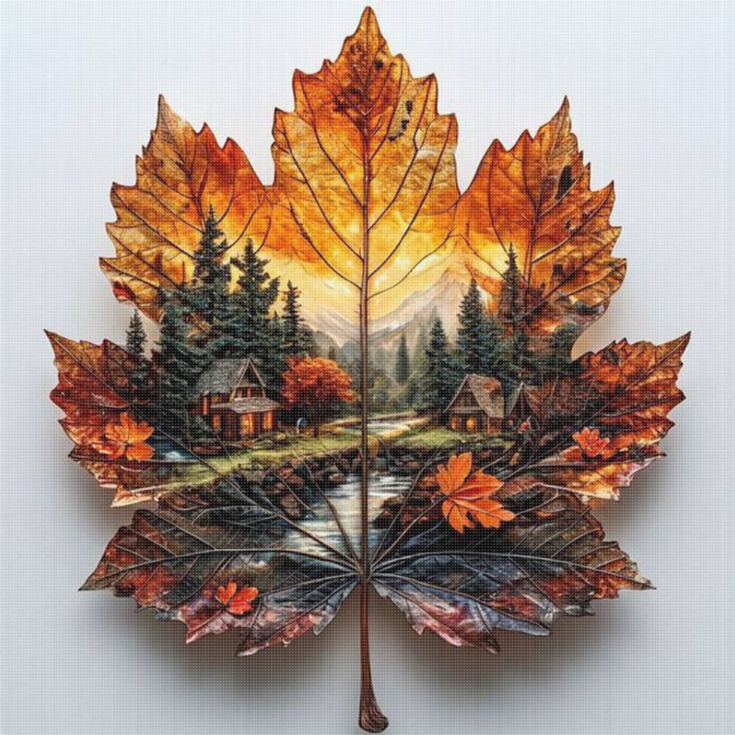 Maple Silhouette Forest Hut - Full 11CT Stamped Cross Stitch 45x45CM - Huacan