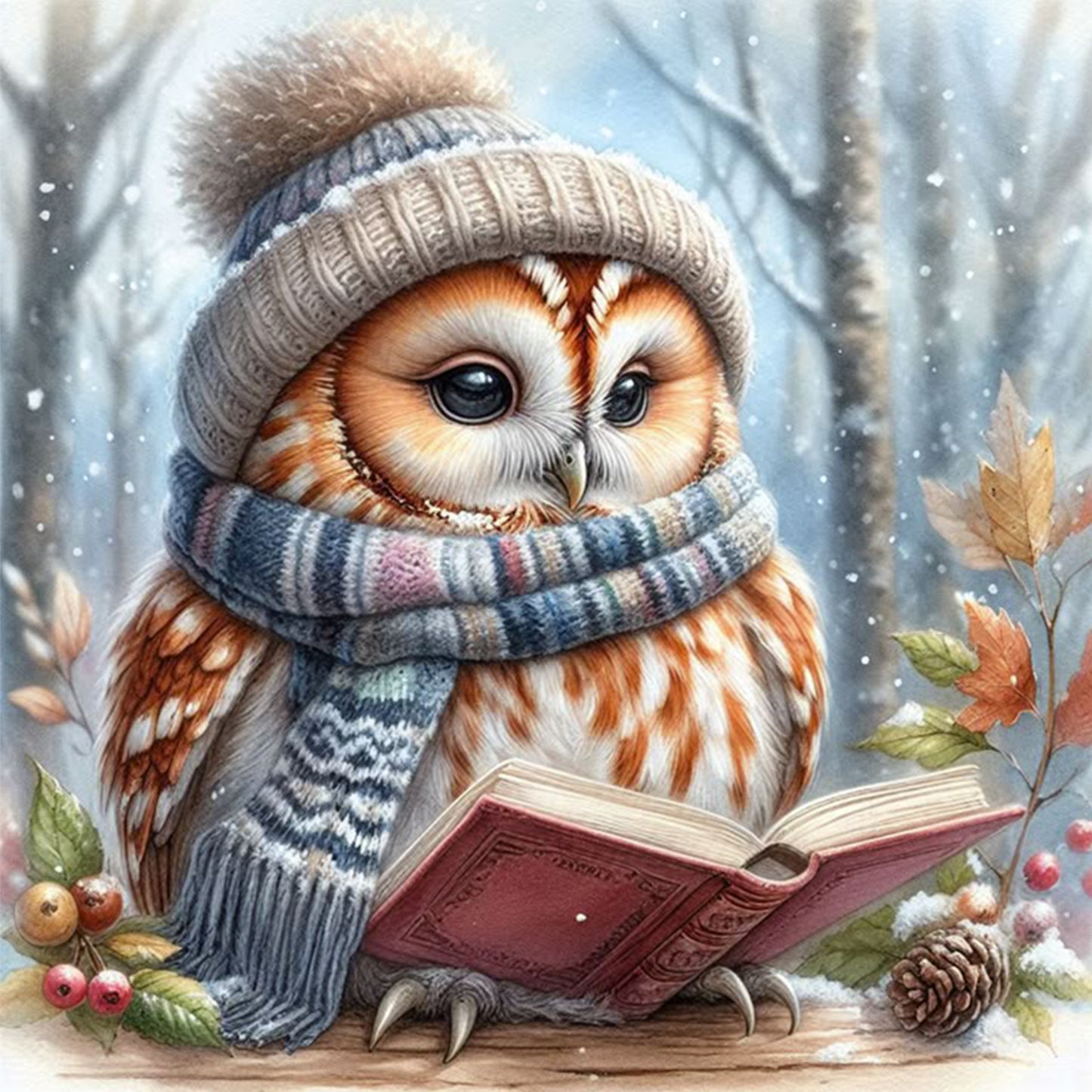Reading Owl - Full 11CT Stamped Cross Stitch 40x40CM - Huacan