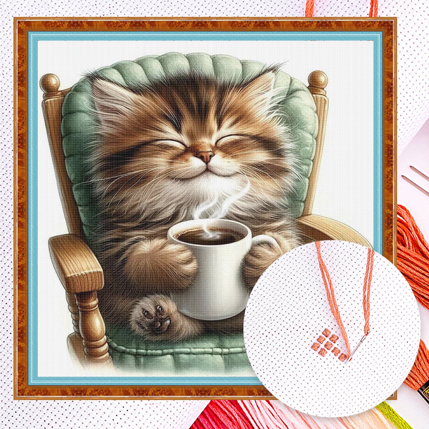 Coffee Drinking Cat - Full 11CT Counted Cross Stitch 40x40CM - Huacan