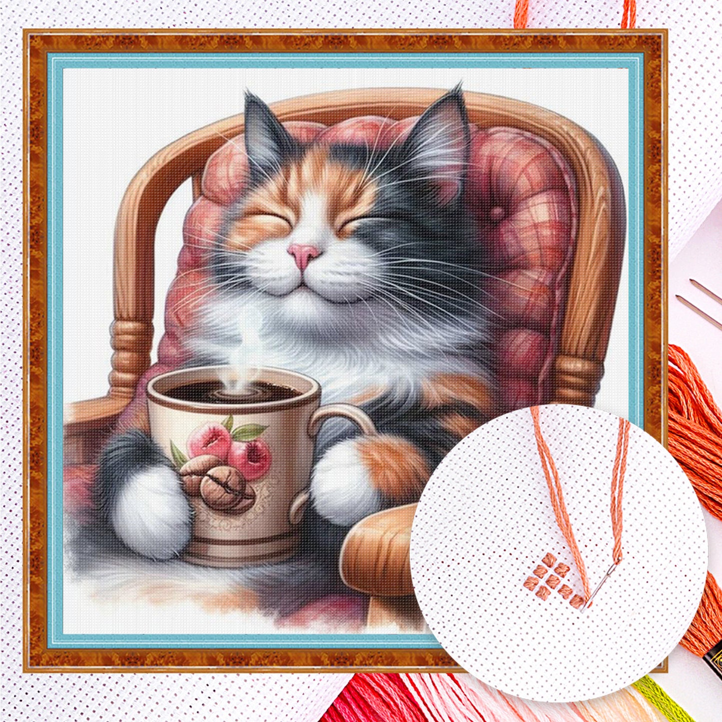 Coffee Drinking Cat - Full 11CT Counted Cross Stitch 40x40CM - Huacan