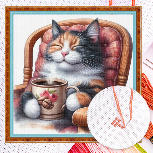 Coffee Drinking Cat - Full 11CT Counted Cross Stitch 40x40CM - Huacan