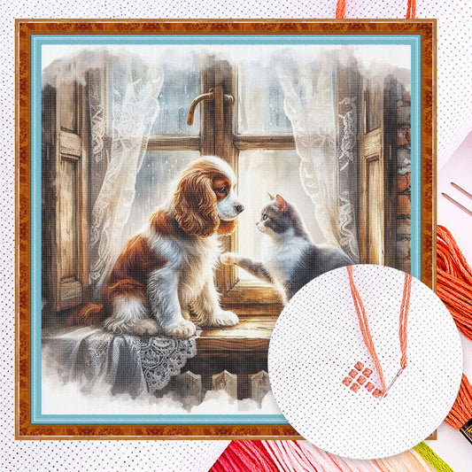 Dog And Cat By The Window - Full 11CT Counted Cross Stitch 40x40CM - Huacan
