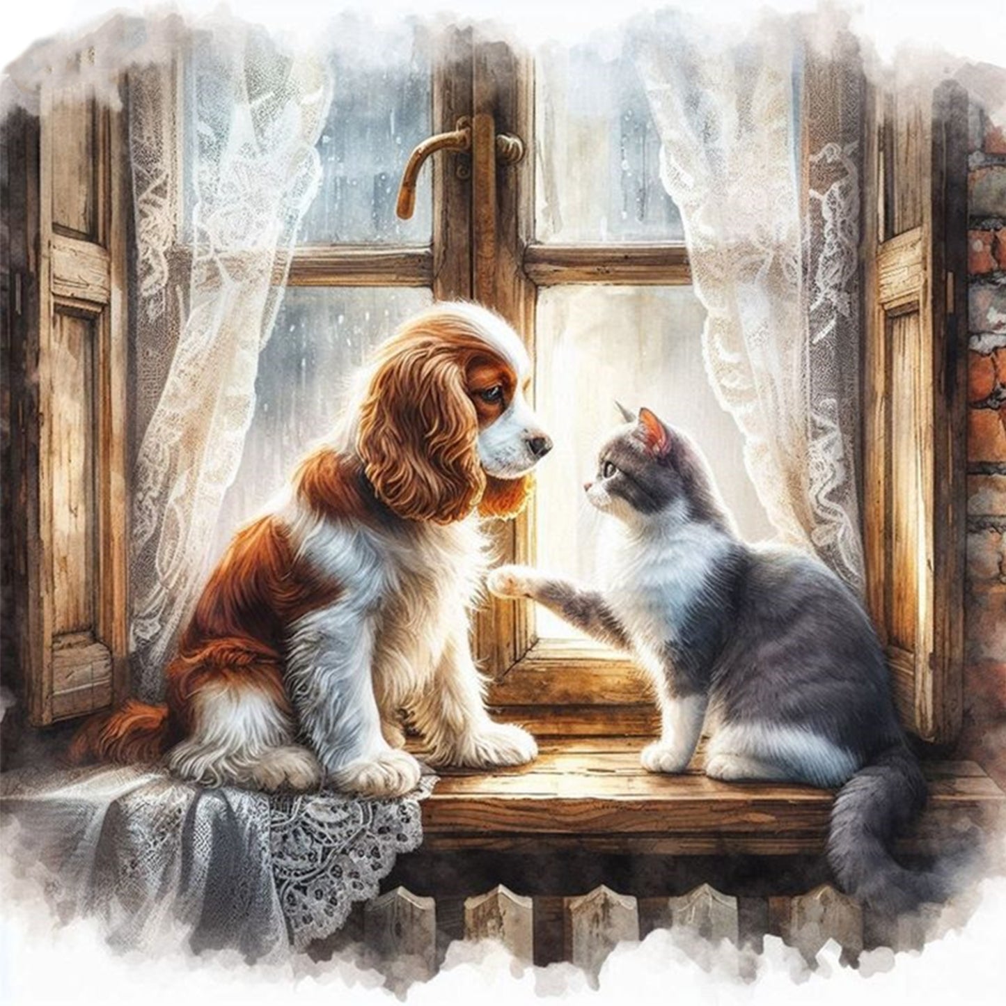 Dog And Cat By The Window - Full 11CT Counted Cross Stitch 40x40CM - Huacan