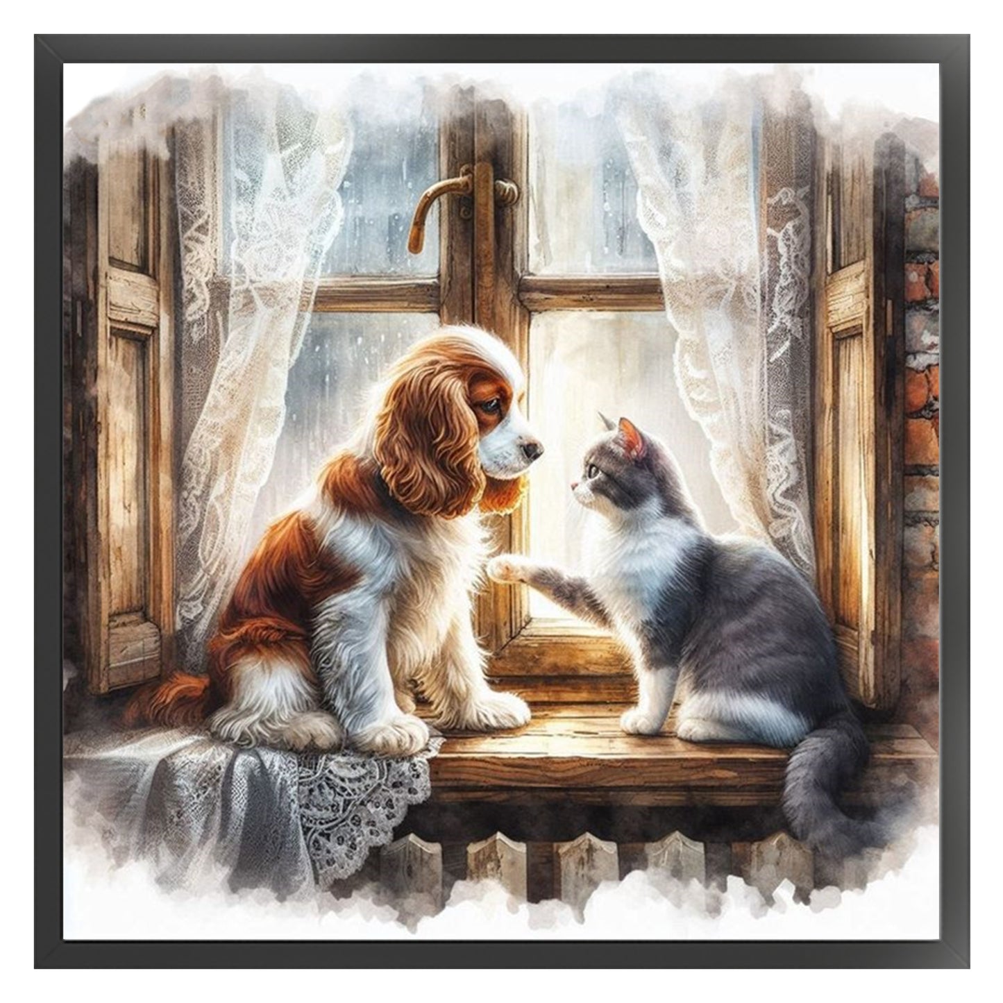 Dog And Cat By The Window - Full 11CT Counted Cross Stitch 40x40CM - Huacan