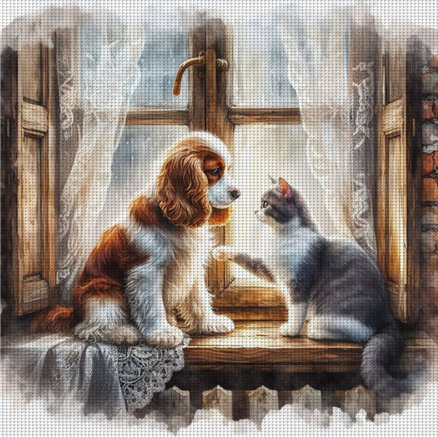 Dog And Cat By The Window - Full 11CT Counted Cross Stitch 40x40CM - Huacan