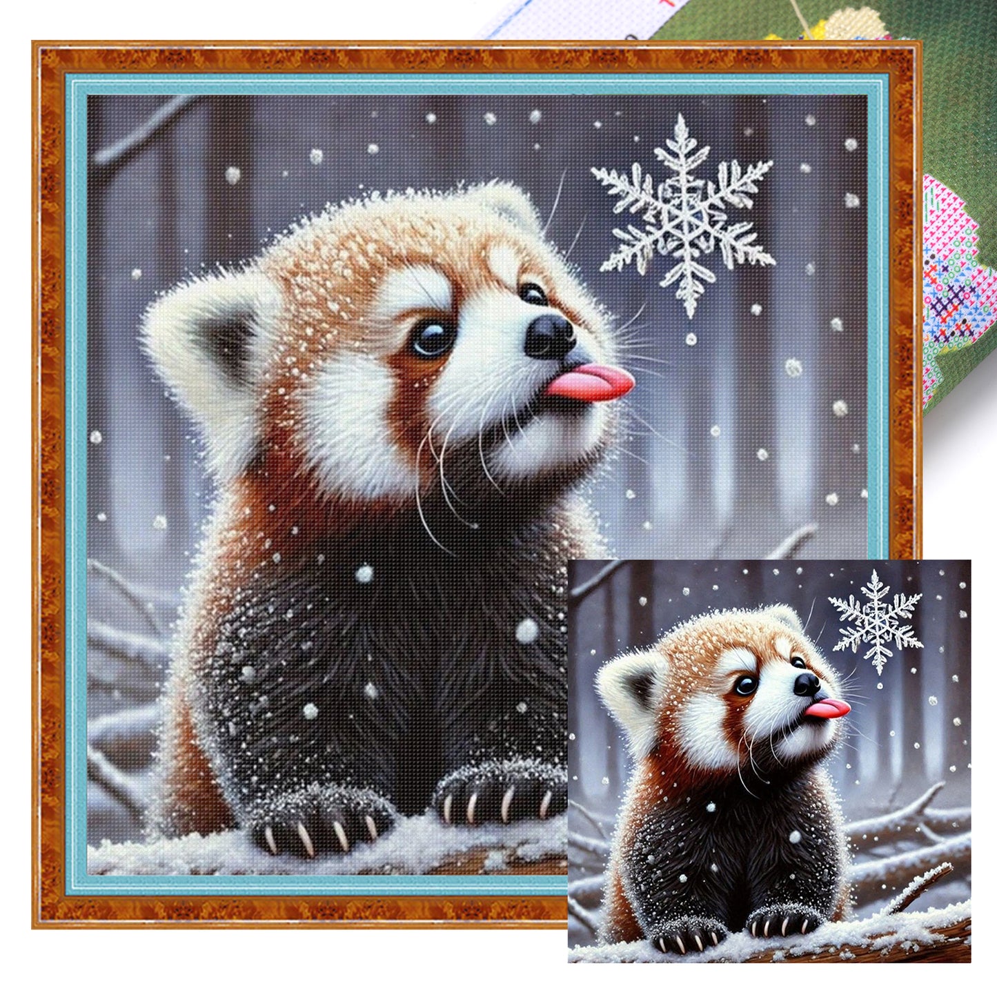 Red Panda In Snow - Full 11CT Stamped Cross Stitch 40x40CM - Huacan