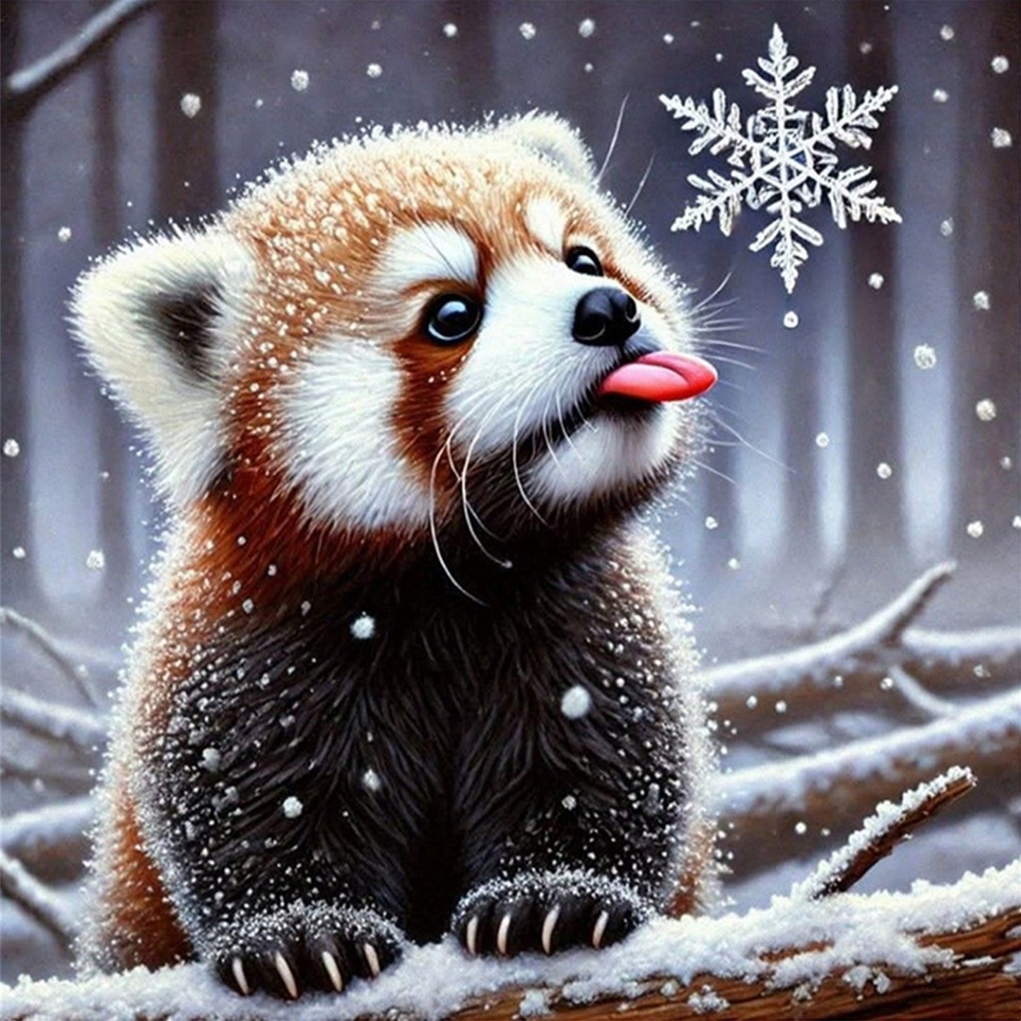 Red Panda In Snow - Full 11CT Stamped Cross Stitch 40x40CM - Huacan