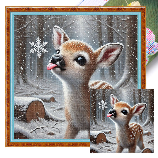 Sika Deer In Snow - Full 11CT Stamped Cross Stitch 40x40CM - Huacan