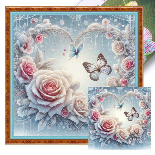 Rose And Butterfly - Full 11CT Stamped Cross Stitch 40x40CM - Huacan