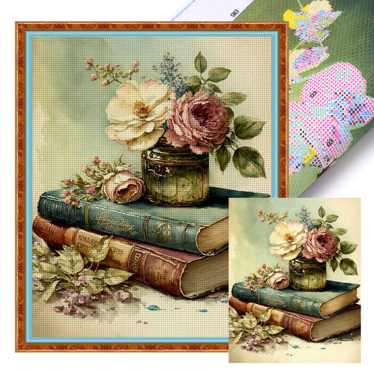 Vintage Book And Rose - Full 11CT Stamped Cross Stitch 40x50CM - Huacan