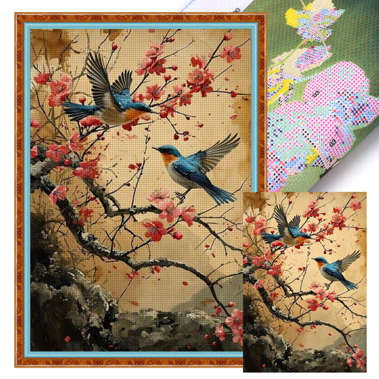 Joyful Magpie On Plum Branch - Full 11CT Stamped Cross Stitch 40x60CM - Huacan