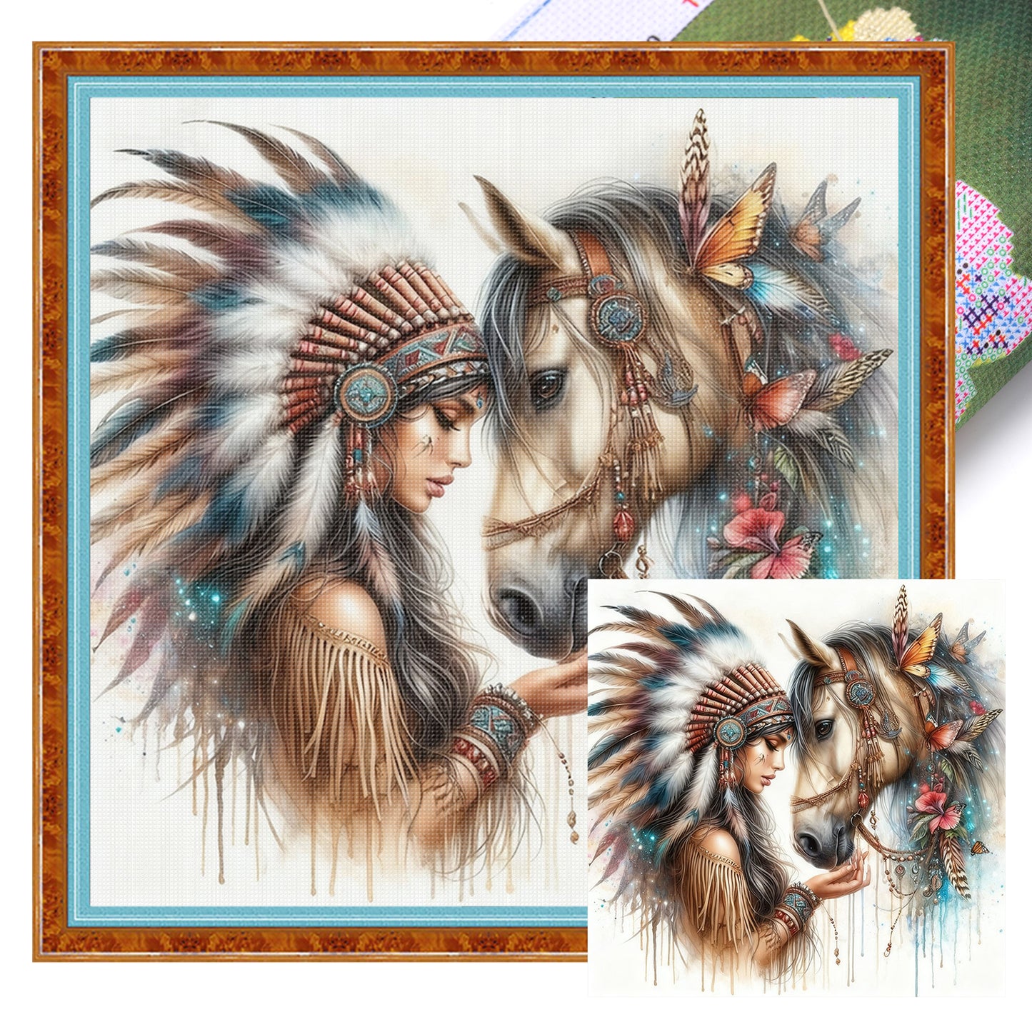 Indian Woman And Horse - Full 11CT Stamped Cross Stitch 40x40CM - Huacan