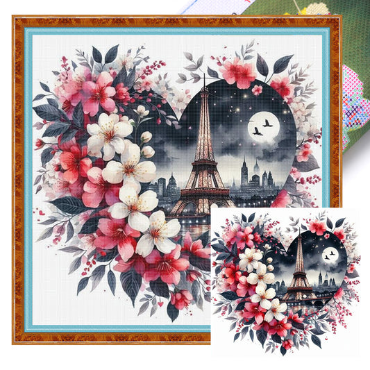 Heart-Shaped Eiffel Tower - Full 11CT Stamped Cross Stitch 40x40CM - Huacan
