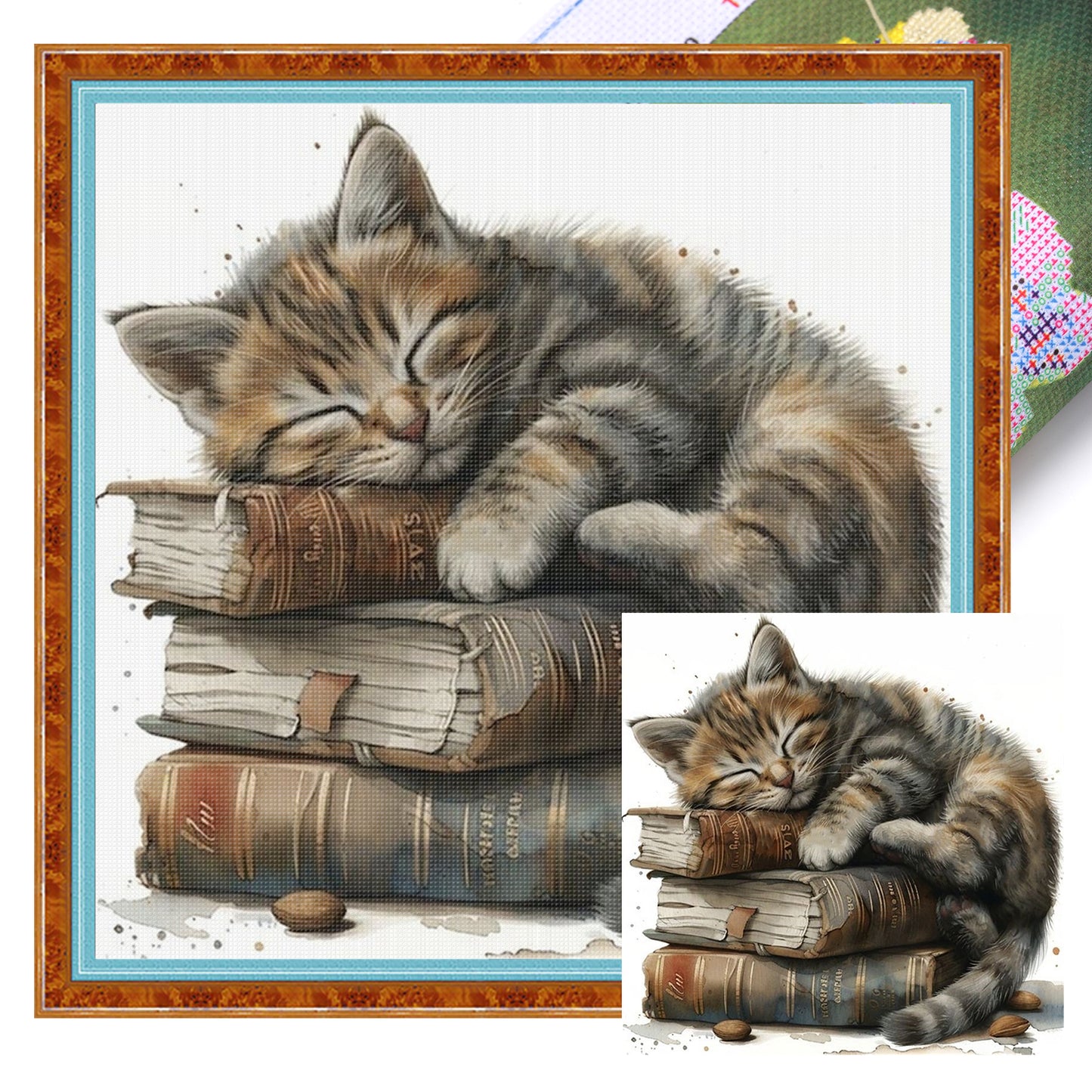 Cat And Book Stack - Full 11CT Stamped Cross Stitch 40x40CM - Huacan