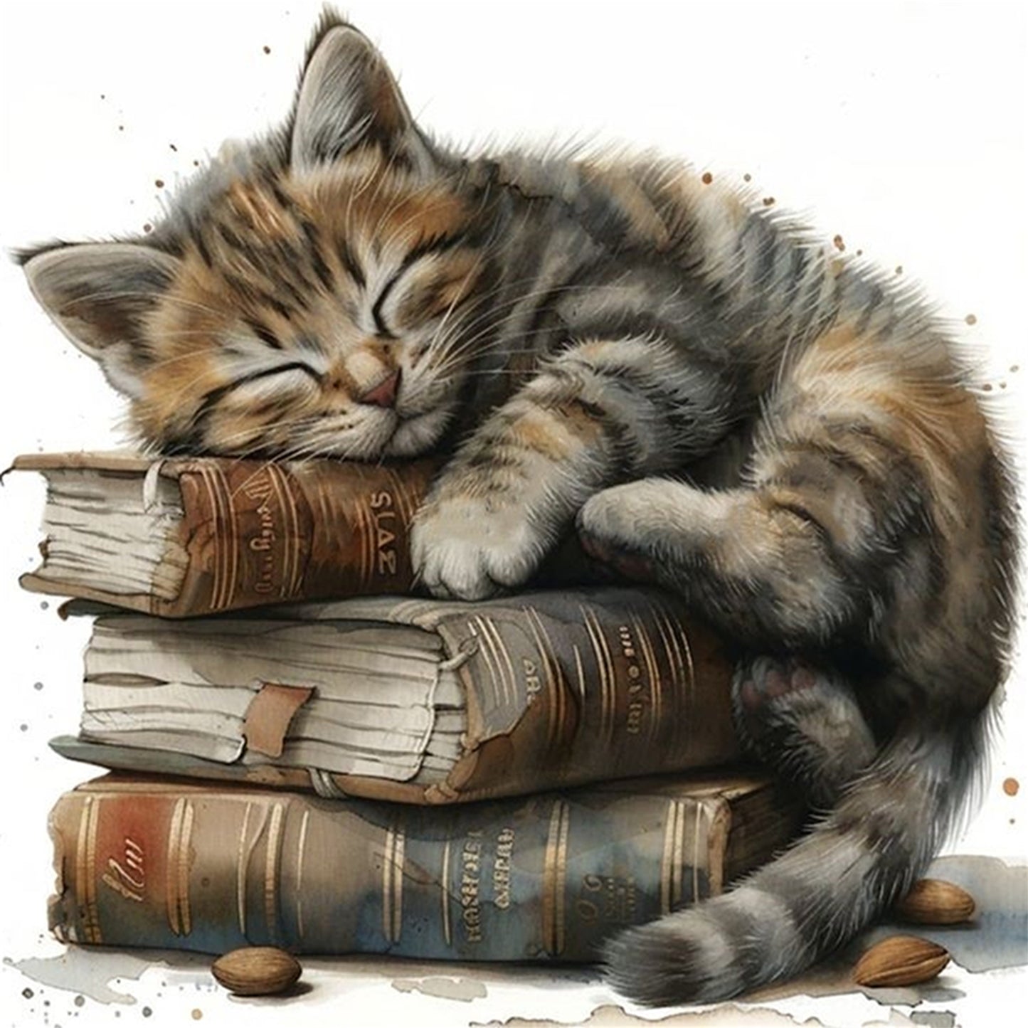 Cat And Book Stack - Full 11CT Stamped Cross Stitch 40x40CM - Huacan