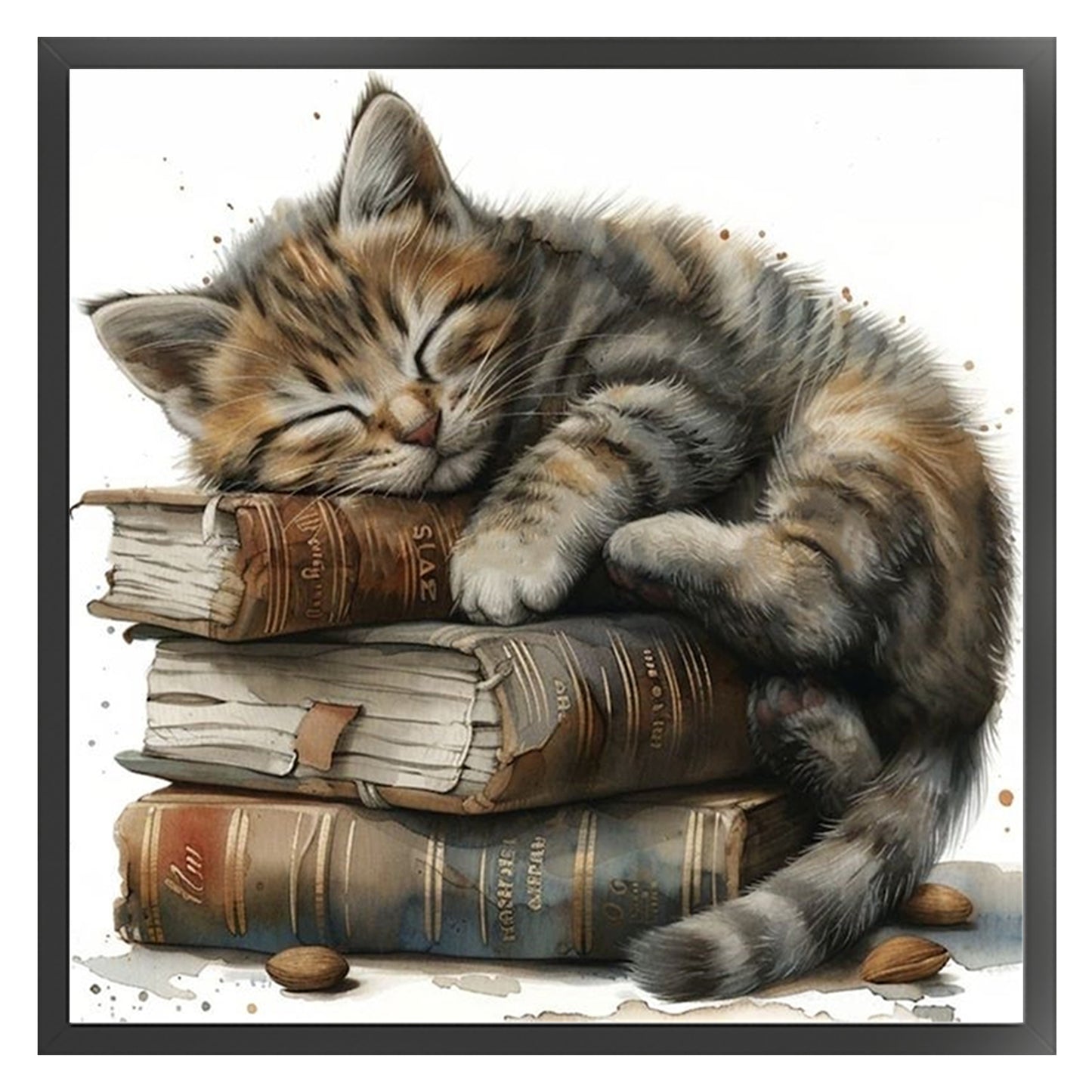 Cat And Book Stack - Full 11CT Stamped Cross Stitch 40x40CM - Huacan