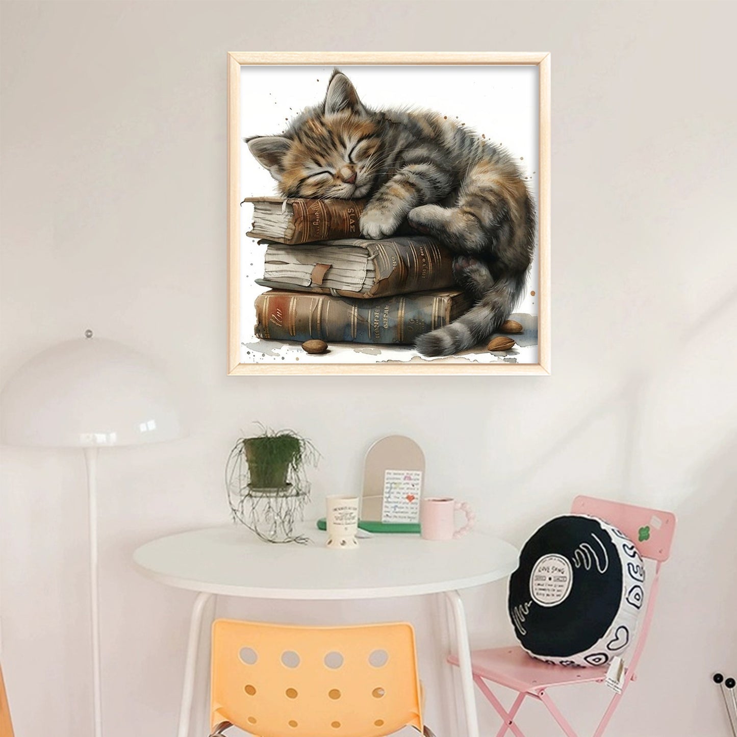 Cat And Book Stack - Full 11CT Stamped Cross Stitch 40x40CM - Huacan