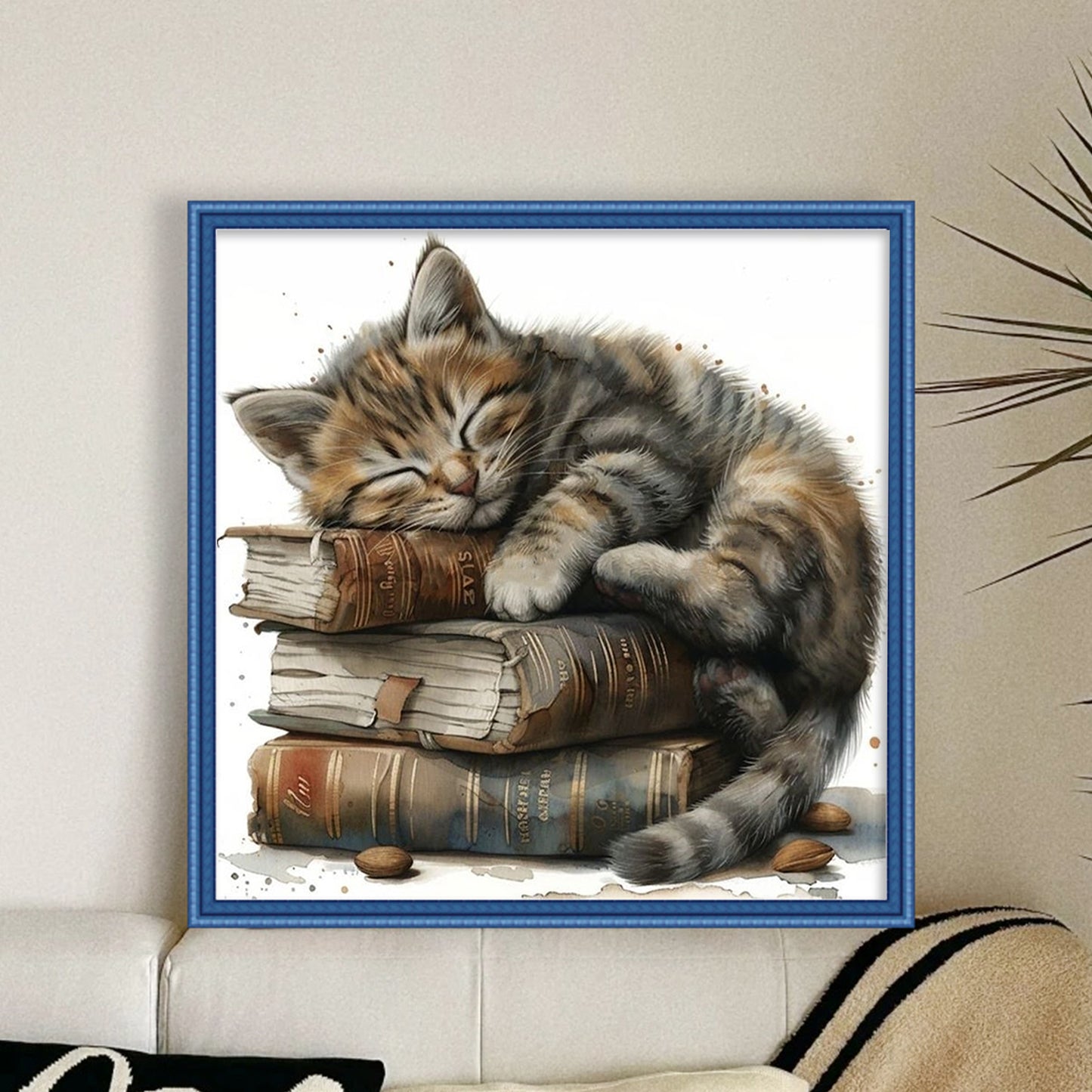 Cat And Book Stack - Full 11CT Stamped Cross Stitch 40x40CM - Huacan