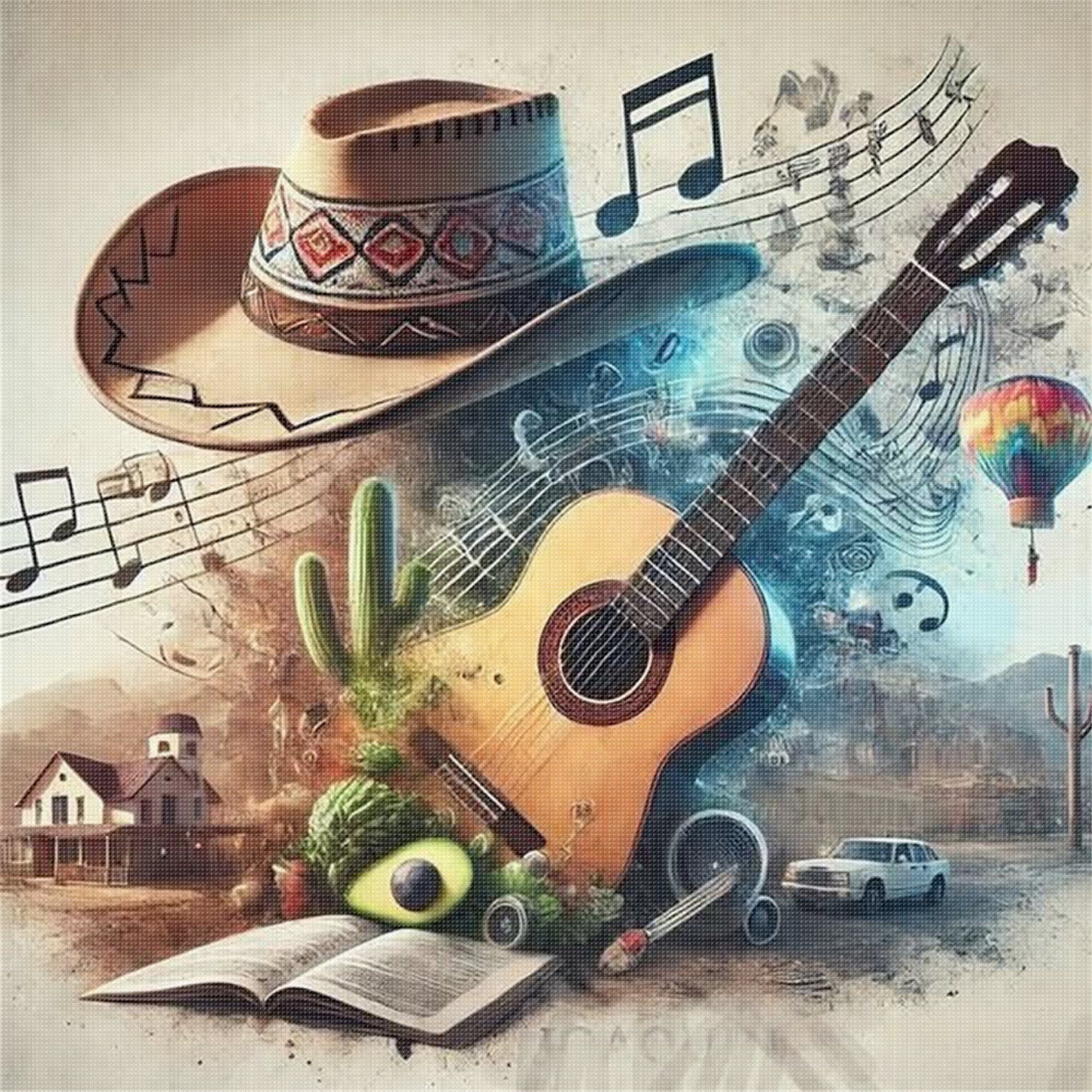 Cowboy Hat And Guitar - Full 11CT Stamped Cross Stitch 40x40CM - Huacan