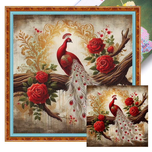 Peacock On Branch - Full 11CT Stamped Cross Stitch 40x40CM - Huacan