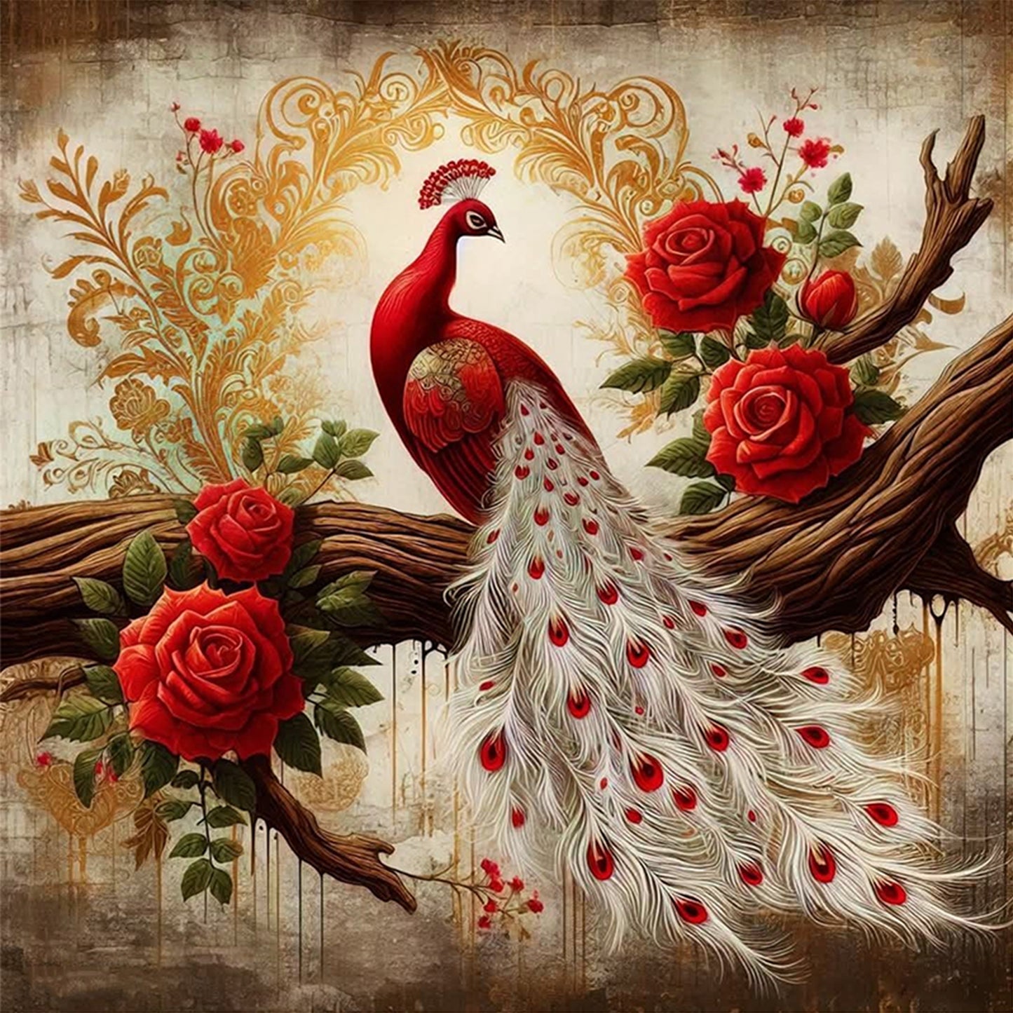 Peacock On Branch - Full 11CT Stamped Cross Stitch 40x40CM - Huacan