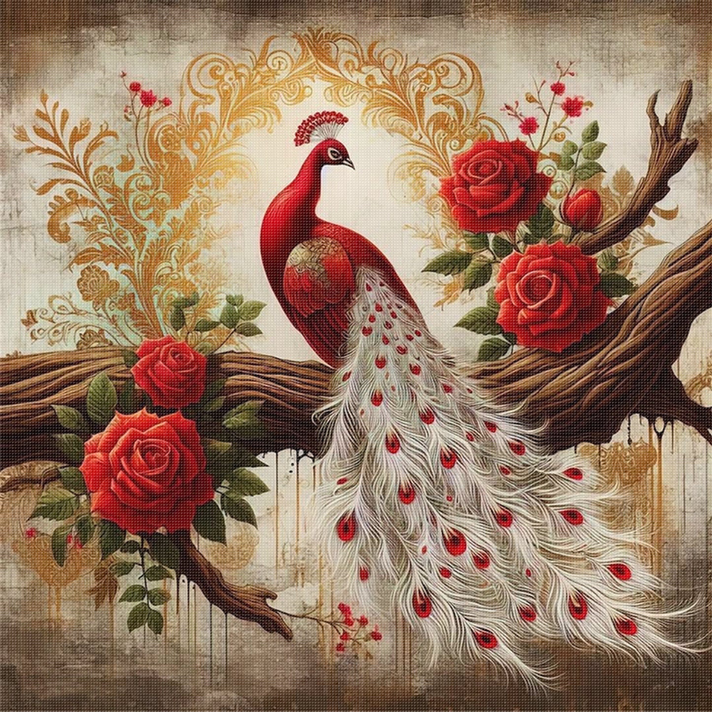 Peacock On Branch - Full 11CT Stamped Cross Stitch 40x40CM - Huacan