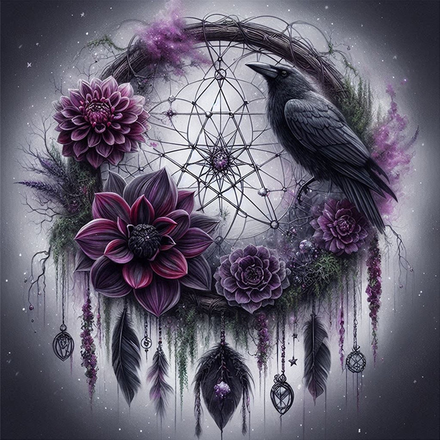 Crow Dreamcatcher - Full 11CT Stamped Cross Stitch 40x40CM - Huacan