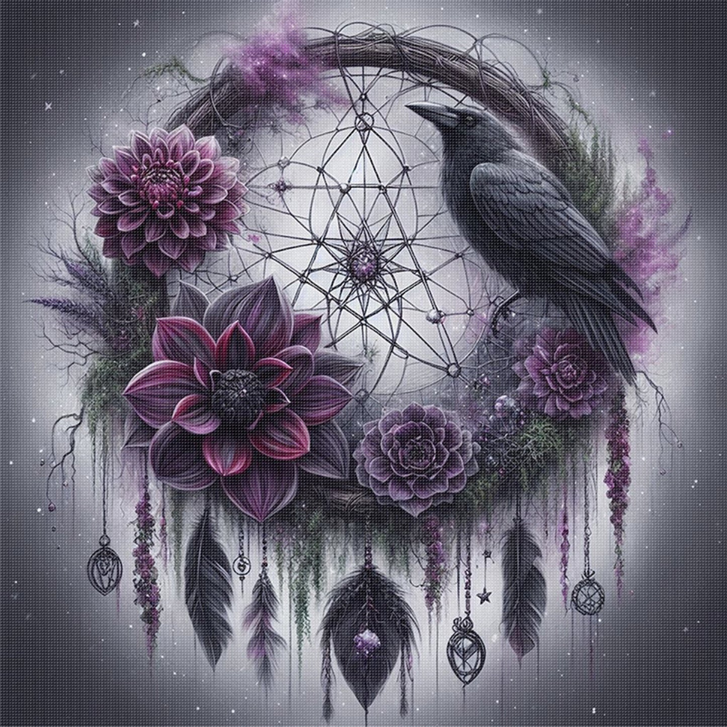 Crow Dreamcatcher - Full 11CT Stamped Cross Stitch 40x40CM - Huacan