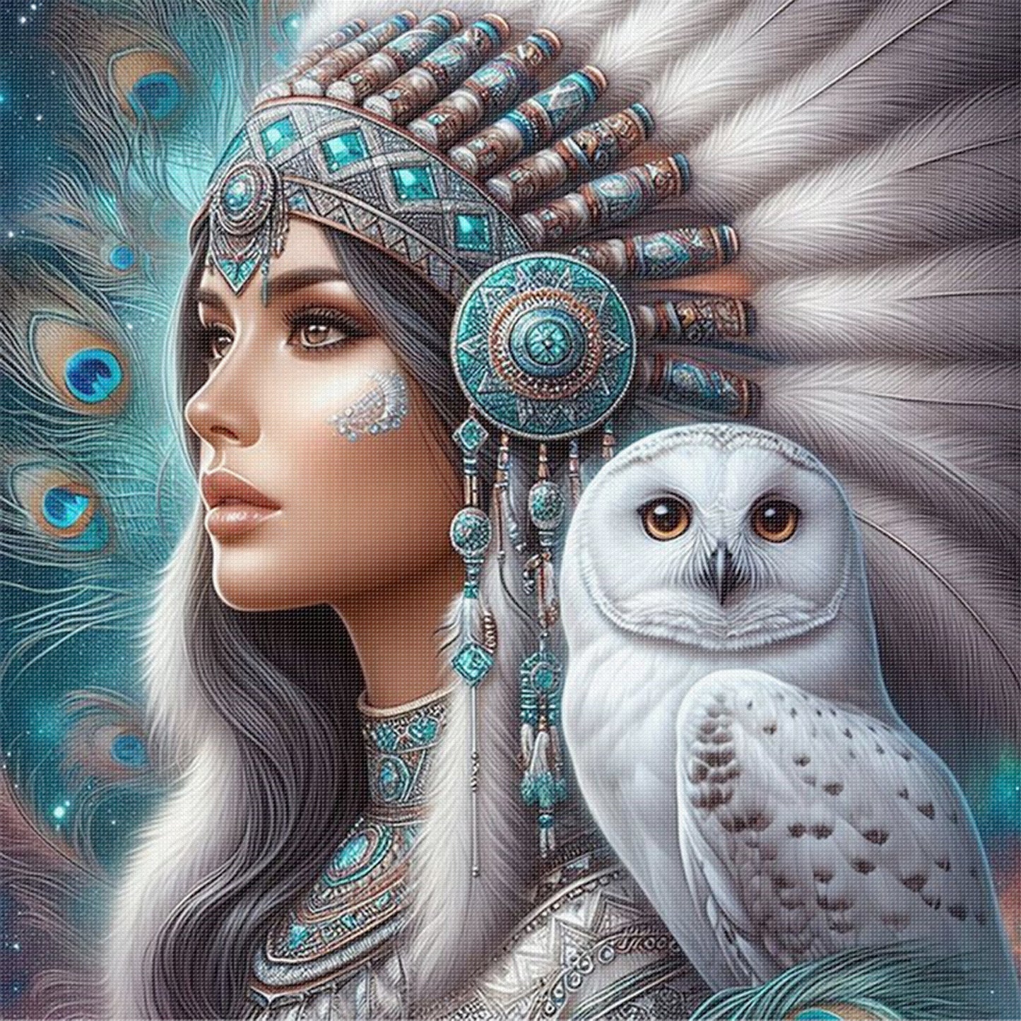 Indian Woman And Owl - Full 11CT Stamped Cross Stitch 40x40CM - Huacan