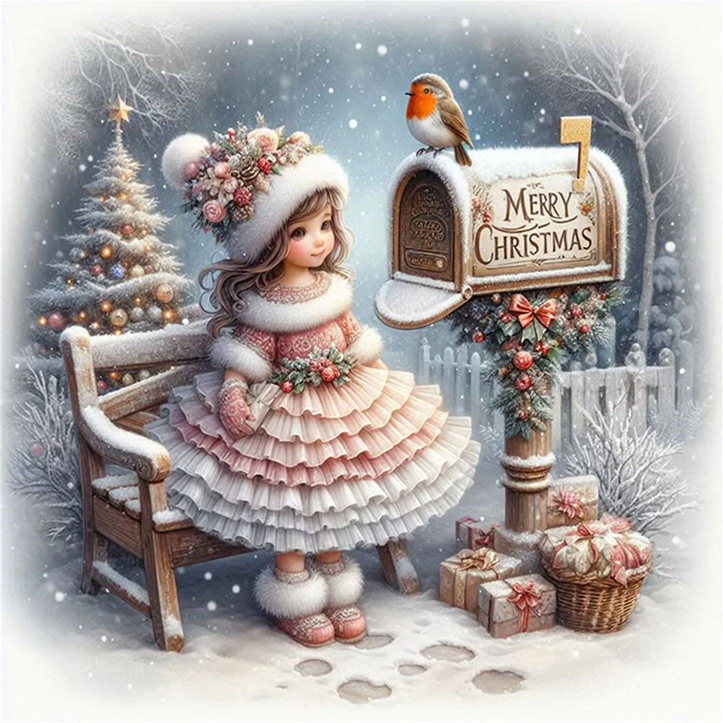 Winter Girl - Full 11CT Stamped Cross Stitch 40x40CM - Huacan