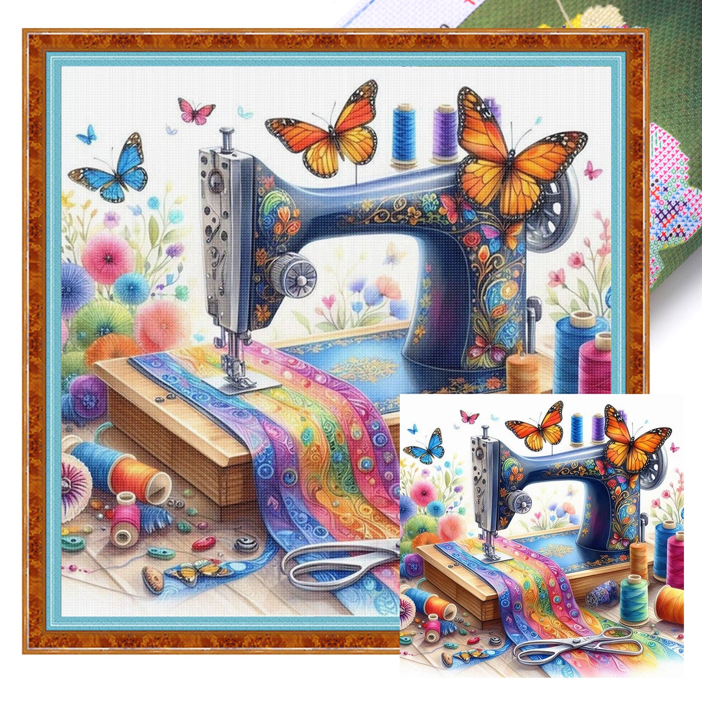 Butterfly Sewing Machine - Full 14CT Stamped Cross Stitch 40x40CM - Huacan