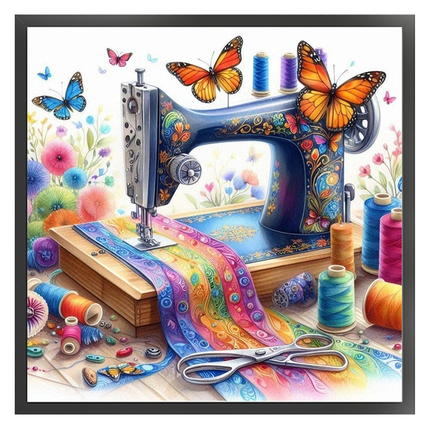 Butterfly Sewing Machine - Full 14CT Stamped Cross Stitch 40x40CM - Huacan