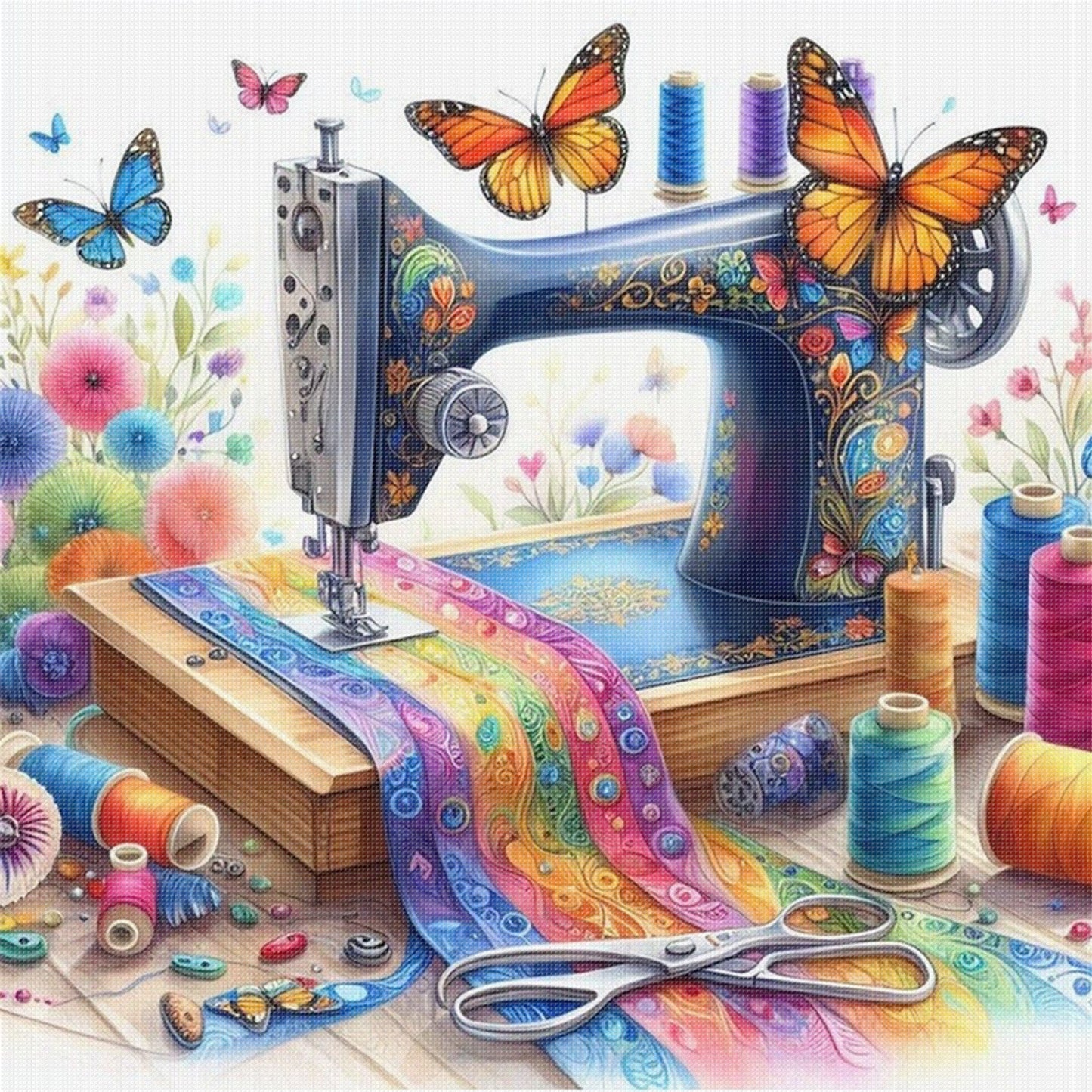 Butterfly Sewing Machine - Full 14CT Stamped Cross Stitch 40x40CM - Huacan