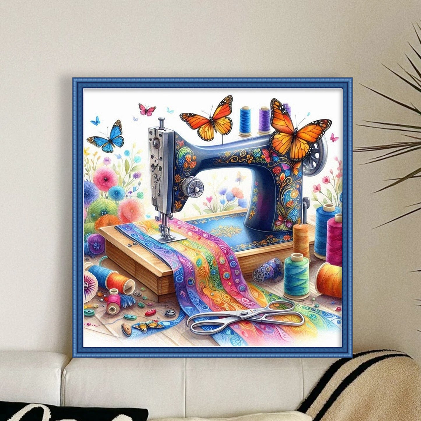 Butterfly Sewing Machine - Full 14CT Stamped Cross Stitch 40x40CM - Huacan